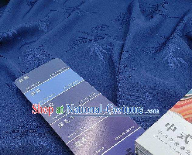 Chinese Traditional Plum Orchid Bamboo Chrysanthemum Pattern Design Navy Satin Fabric Traditional Asian Hanfu Dress Cloth Tapestry Jacquard Silk Material