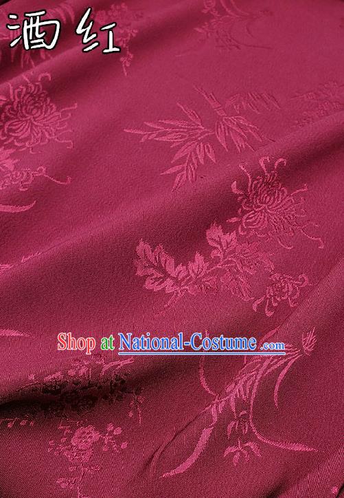 Chinese Traditional Plum Orchid Bamboo Chrysanthemum Pattern Design Wine Red Satin Fabric Traditional Asian Hanfu Dress Cloth Tapestry Jacquard Silk Material