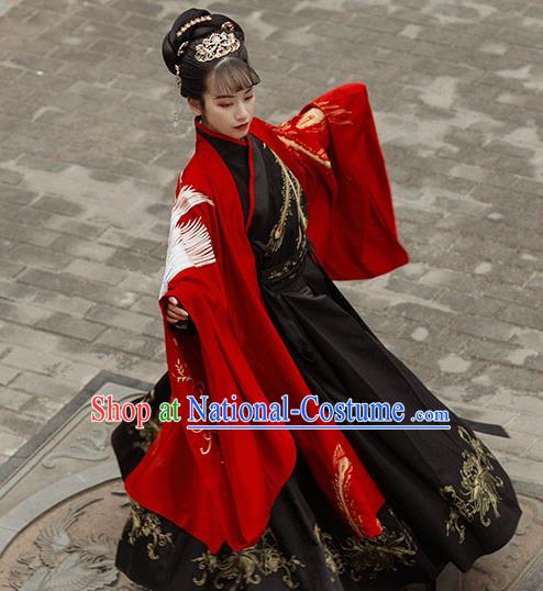 Chinese Ancient Jin Dynasty Empress Costumes Traditional Hanfu Garment Embroidered Red Cape Blouse and Skirt Complete Set