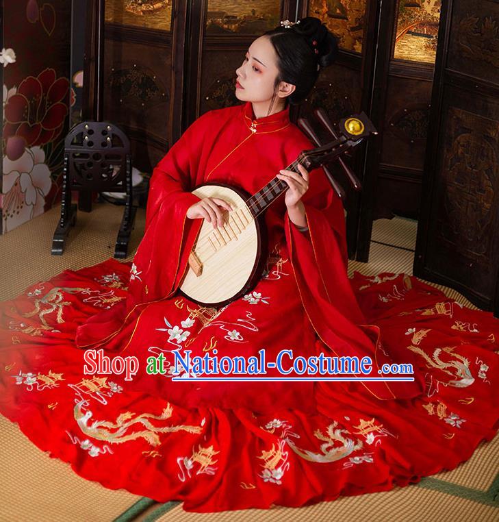 Chinese Ancient Ming Dynasty Wedding Costumes Traditional Noble Lady Hanfu Garment Embroidered Red Long Blouse and Skirt Full Set