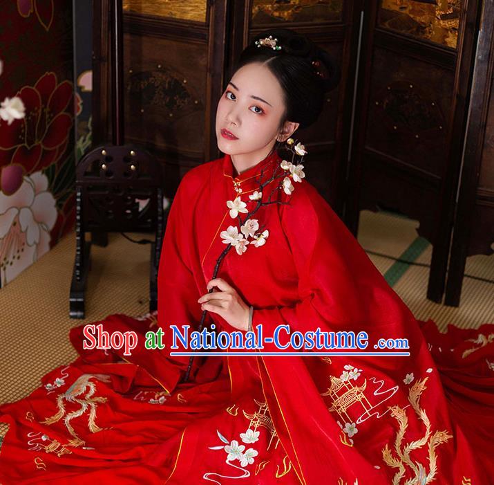 Chinese Ancient Ming Dynasty Wedding Costumes Traditional Noble Lady Hanfu Garment Embroidered Red Long Blouse and Skirt Full Set