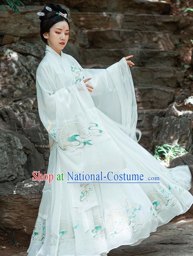 Chinese Ancient Jin Dynasty Imperial Consort Costumes Traditional Hanfu Garment Embroidered White Cape Blouse and Skirt Full Set