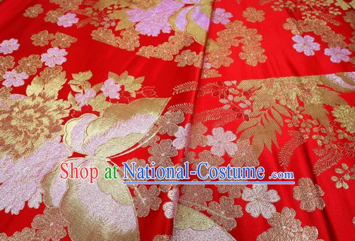 Top Quality Japanese Classical Butterfly Pattern Red Satin Material Asian Traditional Brocade Kimono Belt Nishijin Cloth Fabric