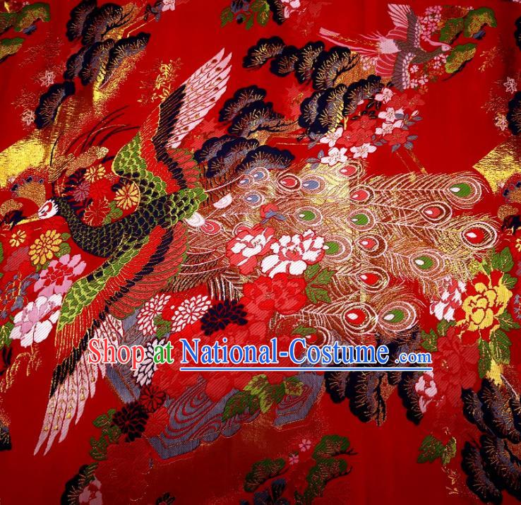 Top Quality Japanese Classical Phoenix Peony Pattern Red Satin Material Asian Traditional Brocade Kimono Belt Nishijin Cloth Fabric