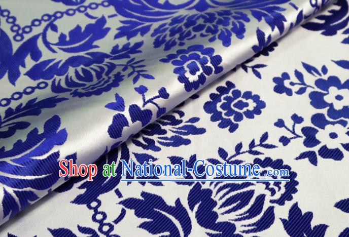 Chinese Classical Blue Flowers Pattern Design White Brocade Cheongsam Fabric Asian Traditional Tapestry Satin Material DIY Imperial Cloth Damask