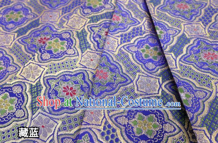 Top Quality Japanese Classical Cushaw Flower Pattern Blue Satin Material Asian Traditional Brocade Kimono Belt Nishijin Cloth Fabric