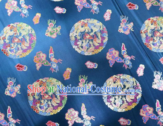 Chinese Classical Phoenix Dragon Pattern Design Navy Blue Brocade Cheongsam Fabric Asian Traditional Tapestry Satin Material DIY Wedding Cloth Damask