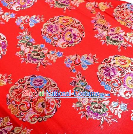 Chinese Classical Round Flowers Pattern Design Red Nanjing Brocade Cheongsam Fabric Asian Traditional Tapestry Satin Material DIY Wedding Cloth Damask