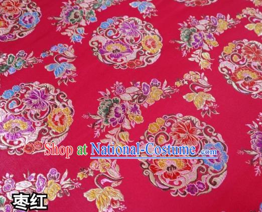 Chinese Classical Round Flowers Pattern Design Purplish Red Nanjing Brocade Cheongsam Fabric Asian Traditional Tapestry Satin Material DIY Wedding Cloth Damask