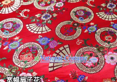 Top Quality Japanese Classical Fan Flowers Pattern Red Tapestry Satin Material Asian Traditional Brocade Kimono Nishijin Cloth Fabric