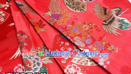 Top Quality Japanese Classical Fan Crane Pattern Red Tapestry Satin Material Asian Traditional Brocade Kimono Nishijin Cloth Fabric