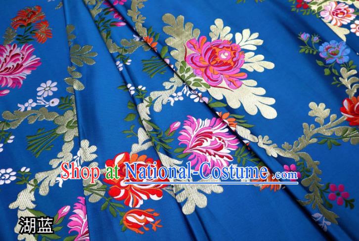 Chinese Cheongsam Classical Flowers Pattern Design Lake Blue Nanjing Brocade Fabric Asian Traditional Tapestry Satin Material DIY Court Cloth Damask