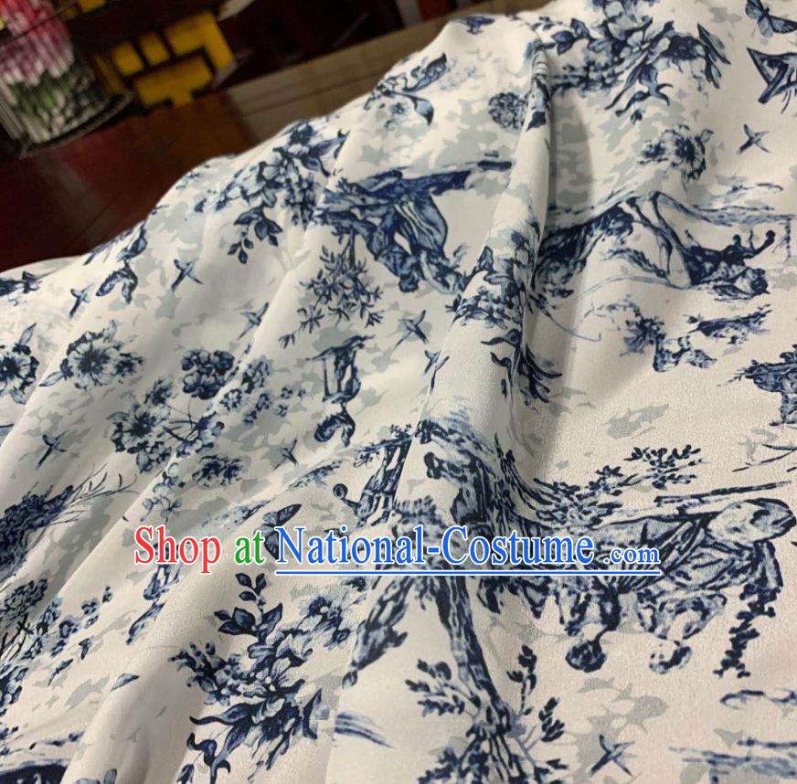 Chinese Classical Ink Painting Pattern White Watered Gauze Asian Top Quality Silk Material Hanfu Dress Fabric Cheongsam Cloth