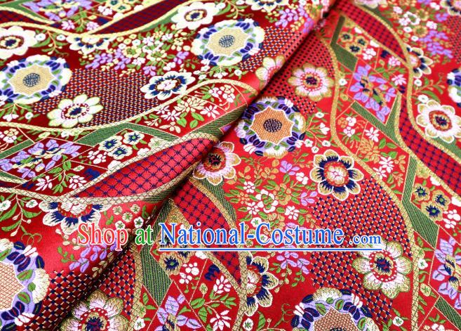 Japanese Traditional Brocade Cloth Kimono Belt Classical Flowers Pattern Red Tapestry Satin Material Asian Top Quality Nishijin Fabric