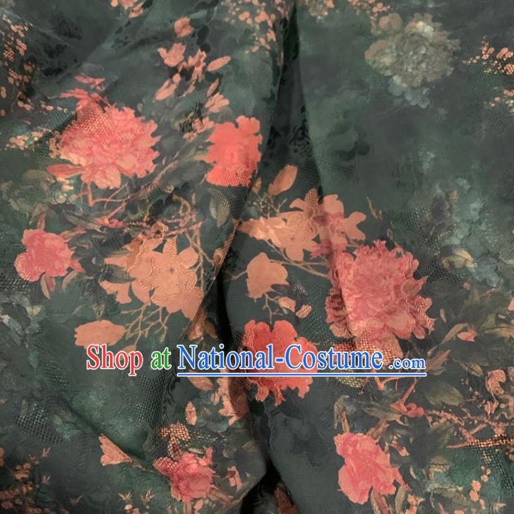 Chinese Traditional Royal Peony Pattern Dark Green Watered Gauze Asian Top Quality Silk Material Cloth Fabric