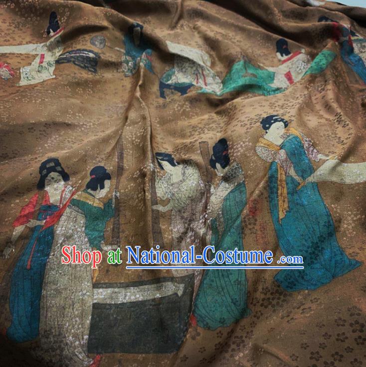 Chinese Classical Beauty Pattern Brown Watered Gauze Asian Top Quality Silk Material Cloth Hanfu Dress Fabric