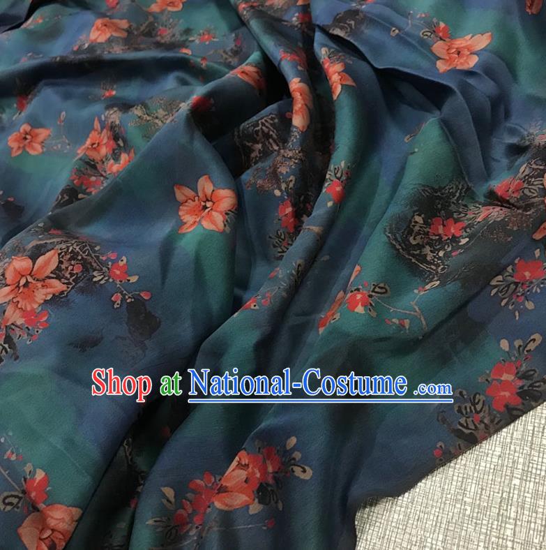 Chinese Classical Peach Blossom Pattern Dark Green Watered Gauze Asian Top Quality Silk Material Cloth Hanfu Dress Fabric