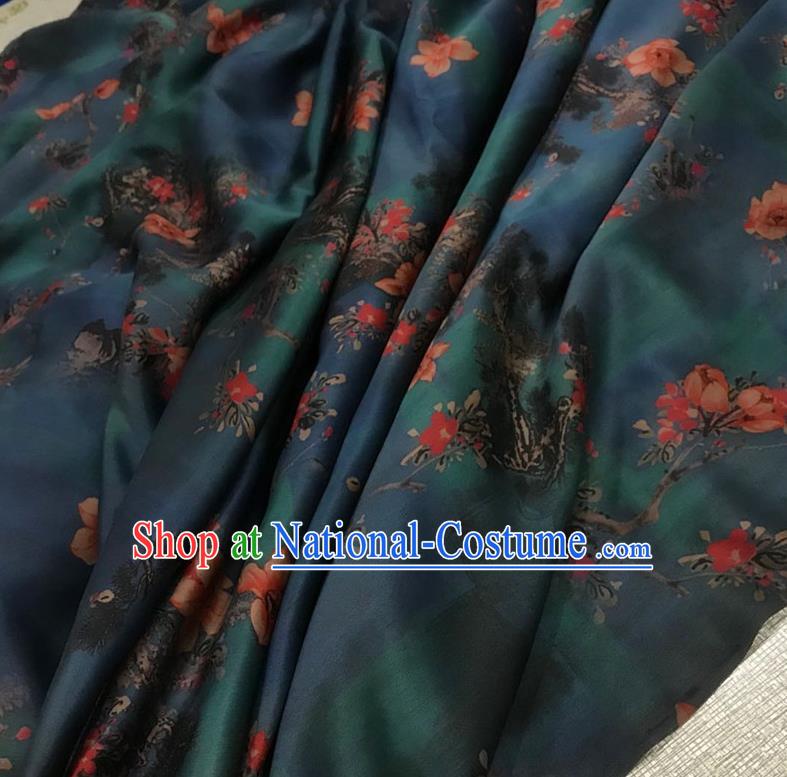 Chinese Classical Peach Blossom Pattern Dark Green Watered Gauze Asian Top Quality Silk Material Cloth Hanfu Dress Fabric