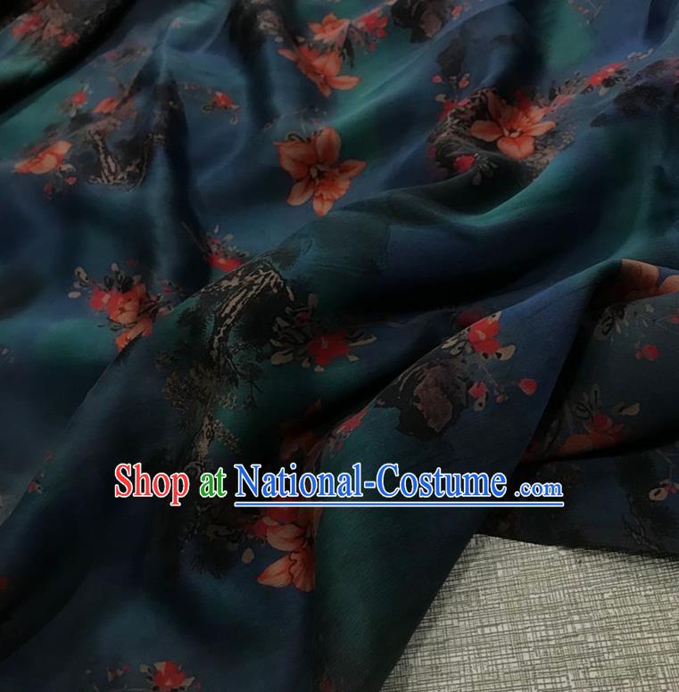 Chinese Classical Peach Blossom Pattern Dark Green Watered Gauze Asian Top Quality Silk Material Cloth Hanfu Dress Fabric