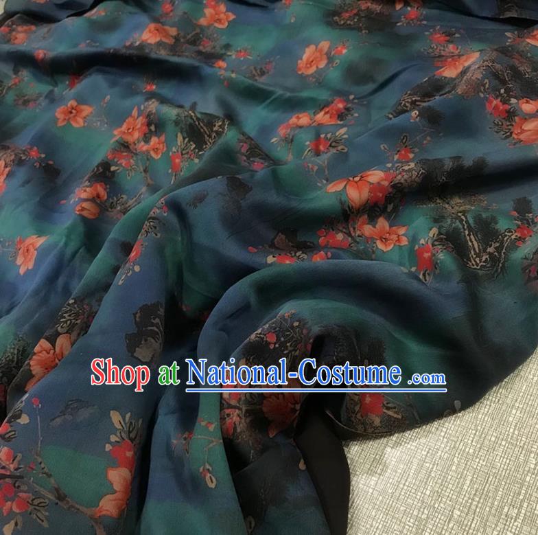 Chinese Classical Peach Blossom Pattern Dark Green Watered Gauze Asian Top Quality Silk Material Cloth Hanfu Dress Fabric