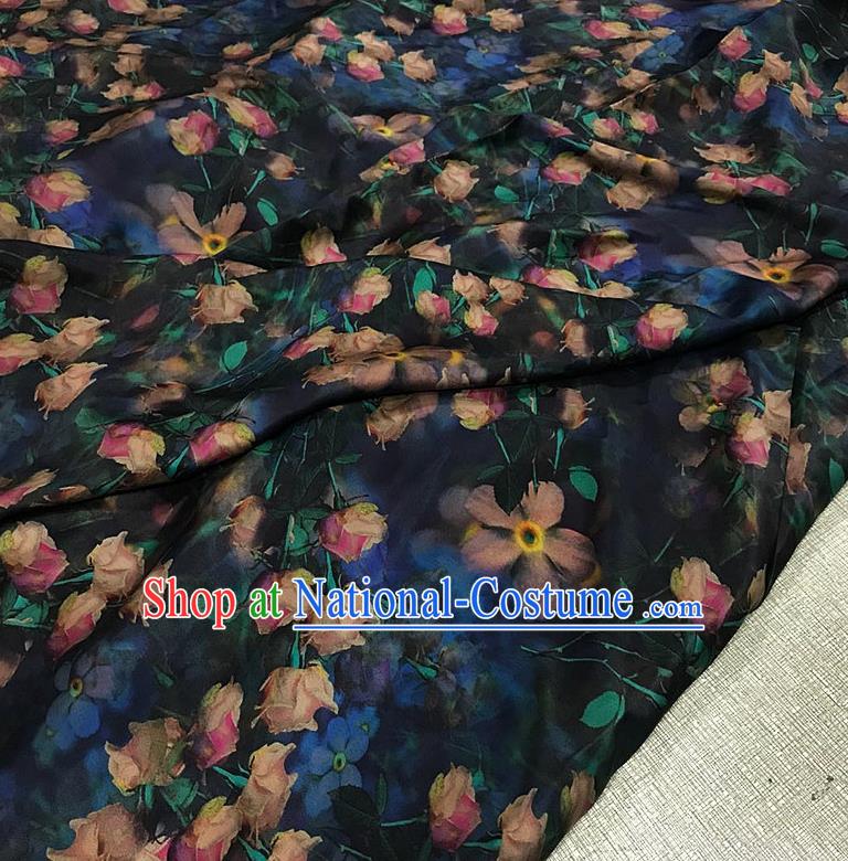 Chinese Classical Tulip Pattern Black Watered Gauze Asian Top Quality Silk Material Cloth Hanfu Dress Fabric