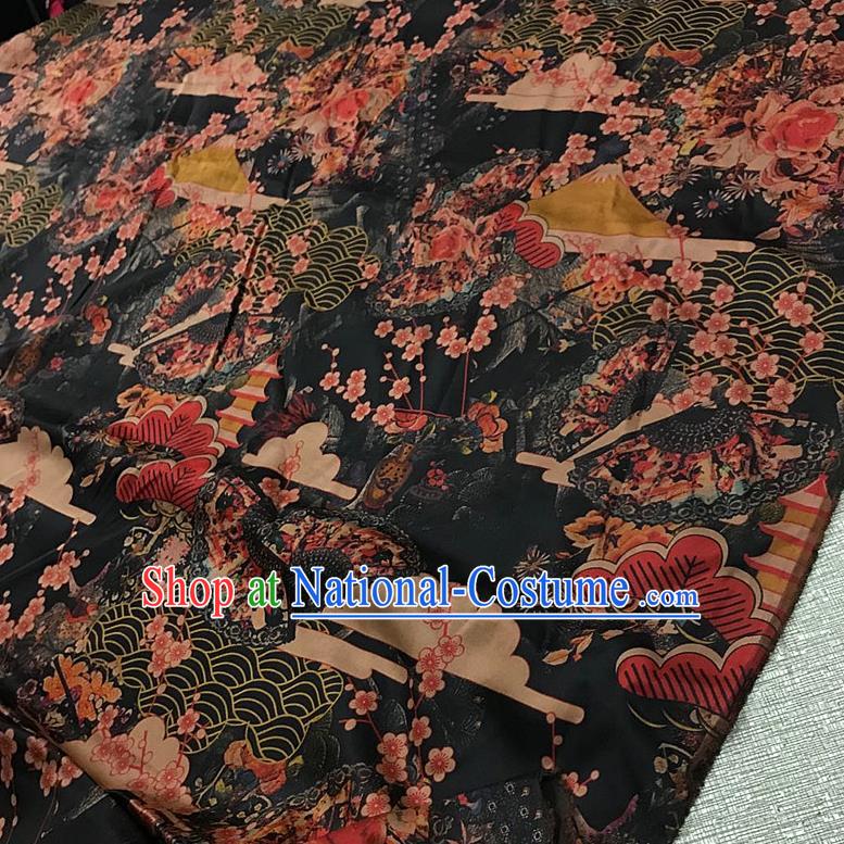 Chinese Classical Pine Plum Pattern Black Watered Gauze Asian Top Quality Silk Material Cloth Hanfu Dress Fabric