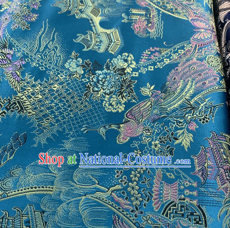 Chinese Cheongsam Classical Phoenix Pattern Design Blue Song Brocade Fabric Asian Traditional Tapestry Satin Material DIY Court Cloth Damask