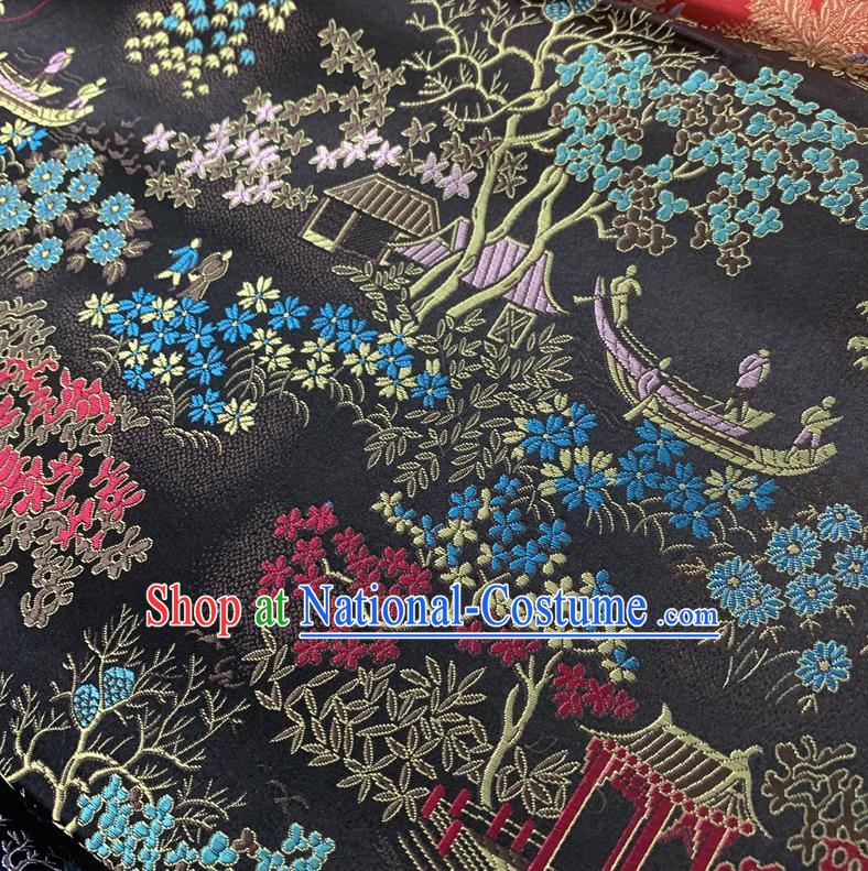 Chinese Cheongsam Classical Scenery Pattern Design Black Song Brocade Fabric Asian Traditional Tapestry Satin Material DIY Court Cloth Damask