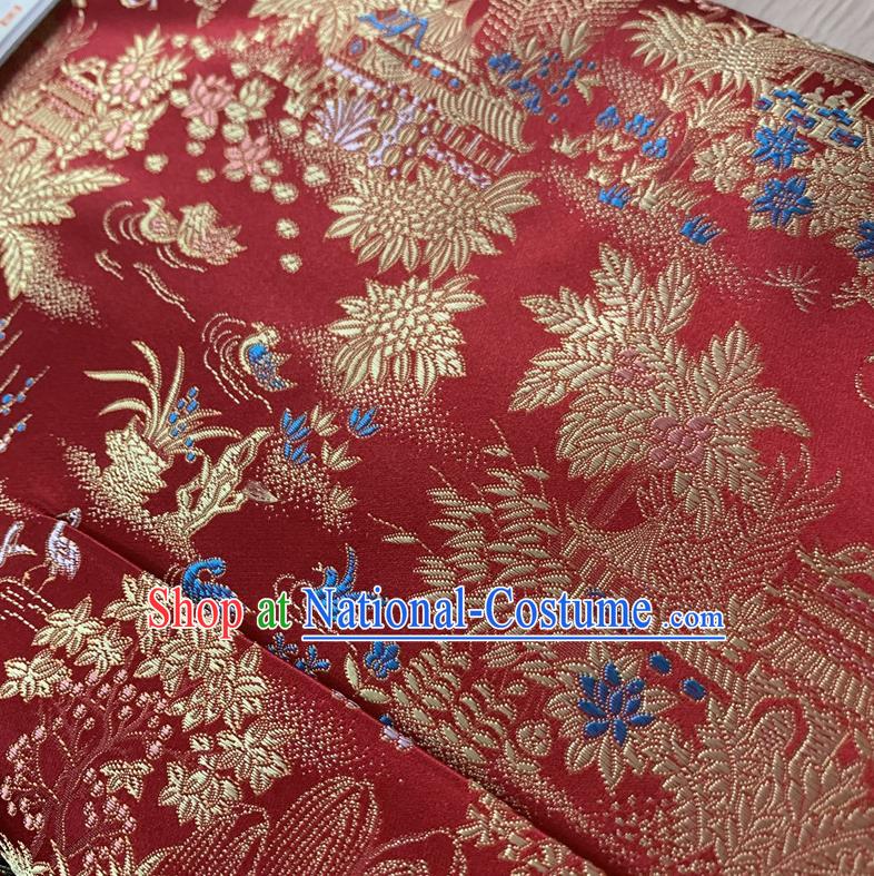 Chinese Cheongsam Classical Scenery Pattern Design Red Song Brocade Fabric Asian Traditional Tapestry Satin Material DIY Court Cloth Damask