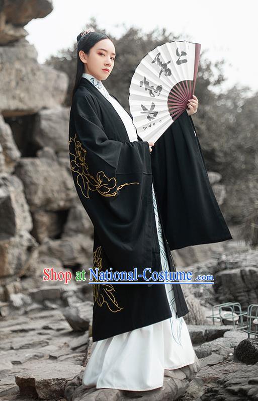 Chinese Ancient Han Dynasty Swordsman Hanfu Garment Traditional Young Male Costumes Embroidered Black Cloak Blouse and Skirt