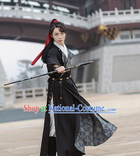 Chinese Ancient Tang Dynasty Swordsman Hanfu Garment Traditional Embroidered Black Robe Costumes for Men