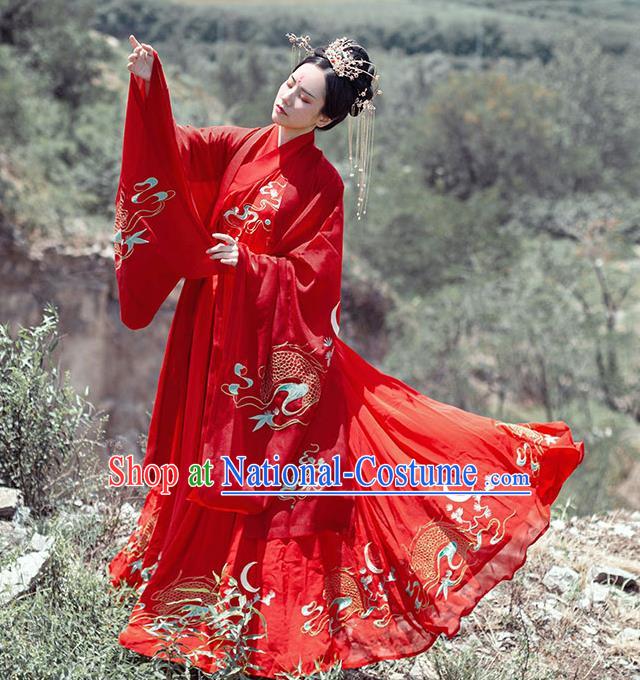 Chinese Ancient Bride Wedding Hanfu Garment Traditional Jin Dynasty Historical Costumes Embroidered Red Cape Blouse and Skirt Full Set