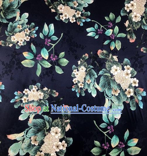 Chinese Classical Waxberry Flowers Pattern Navy Watered Gauze Asian Top Quality Silk Material Hanfu Dress Brocade Cheongsam Cloth Fabric