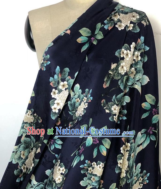 Chinese Classical Waxberry Flowers Pattern Navy Watered Gauze Asian Top Quality Silk Material Hanfu Dress Brocade Cheongsam Cloth Fabric