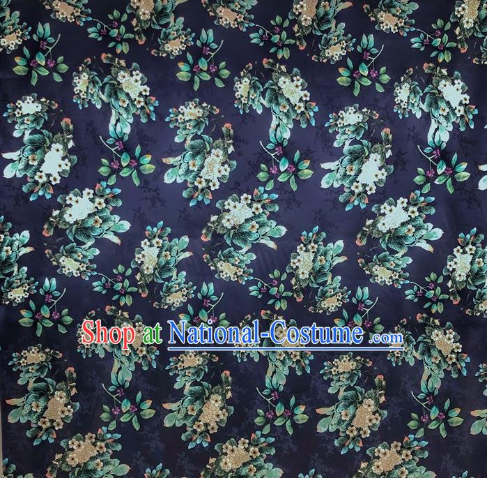 Chinese Classical Waxberry Flowers Pattern Navy Watered Gauze Asian Top Quality Silk Material Hanfu Dress Brocade Cheongsam Cloth Fabric