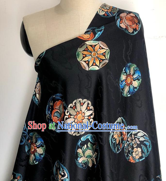 Chinese Classical Round Peony Pattern Black Watered Gauze Hanfu Dress Brocade Cheongsam Cloth Fabric Asian Top Quality Silk Material