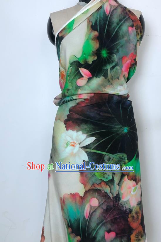 Chinese Classical Ink Painting Lotus Pattern Watered Gauze Hanfu Dress Brocade Cheongsam Cloth Fabric Asian Top Quality Silk Material