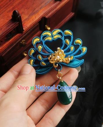 Chinese Classical Cheongsam Silk Chrysanthemum Brooch Traditional Hanfu Accessories Handmade Jade Breastpin for Women