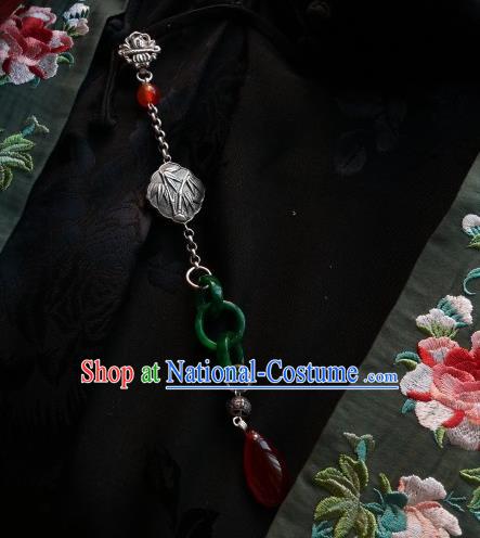 Chinese Classical Cheongsam Jade Rings Brooch Traditional Hanfu Accessories Handmade Silver Breastpin for Women