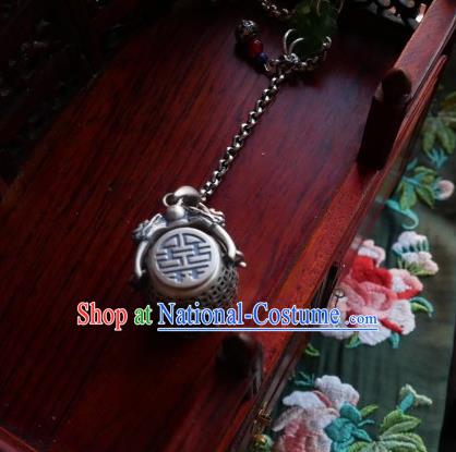 Chinese Classical Cheongsam Silver Carving Bucket Brooch Traditional Hanfu Accessories Handmade Jade Breastpin Pendant for Women