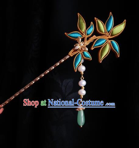 Handmade Chinese Silk Bamboo Leaf Hairpins Traditional Hanfu Hair Accessories Jade Tassel Hair Clip for Women