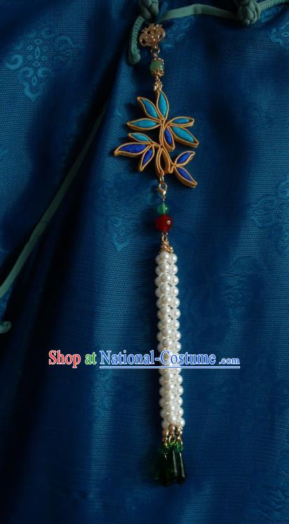 Chinese Classical Cheongsam Blue Silk Bamboo Leaf Brooch Traditional Hanfu Accessories Handmade Pearls Tassel Breastpin Pendant for Women