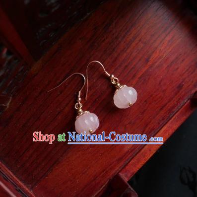 Chinese Handmade Pink Jade Pumpkin Earrings Traditional Hanfu Ear Jewelry Accessories Ancient Princess Eardrop for Women