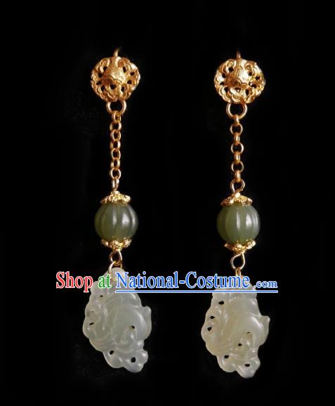 Chinese Handmade Carving Golden Earrings Traditional Hanfu Ear Jewelry Accessories Ancient Princess Jade Phoenix Eardrop for Women