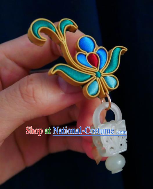 Chinese Classical Cheongsam Silk Butterfly Brooch Traditional Hanfu Accessories Handmade Breastpin White Jade Tassel Pendant for Women