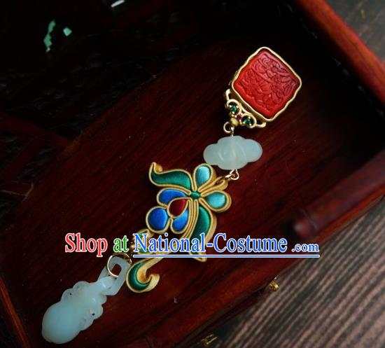 Chinese Classical Cheongsam Silk Iris Seal Brooch Traditional Hanfu Accessories Handmade Breastpin Jade Flagon Tassel Pendant for Women