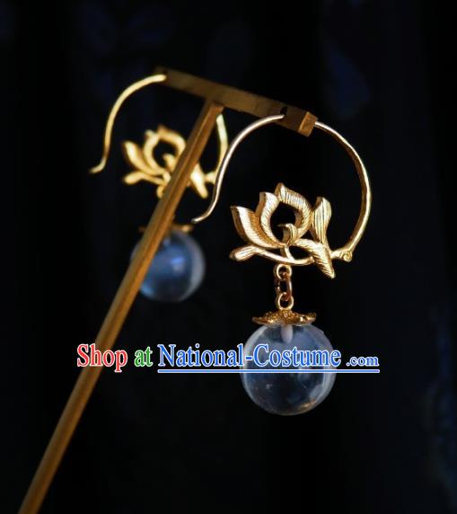 Chinese Handmade Golden Lotus Earrings Traditional Hanfu Ear Jewelry Accessories Ancient Princess Eardrop for Women