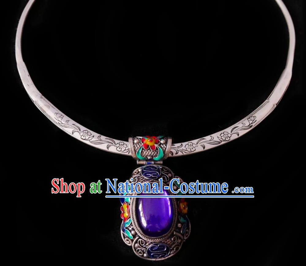 Chinese Handmade Amethyst Necklace Traditional Hanfu Jewelry Accessories Cloisonne Silver Necklet for Women