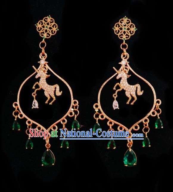 Chinese Handmade Green Zircon Earrings Traditional Hanfu Ear Jewelry Accessories Golden Horse Eardrop for Women