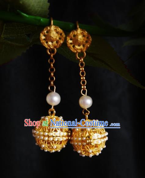 Chinese Handmade Golden Sachet Earrings Traditional Hanfu Ear Jewelry Accessories Pearls Eardrop for Women